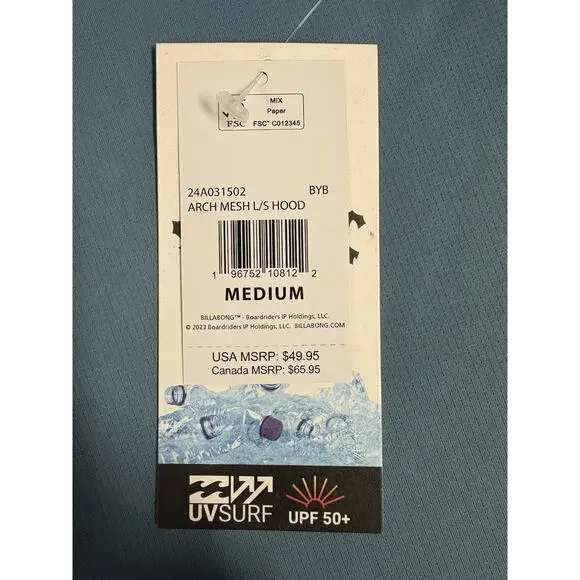 Billabong Arch Mesh L/S Hoodie UVSURF UPF 50+ Loose Fit Men’s Medium Blue NEW - Picture 9 of 10